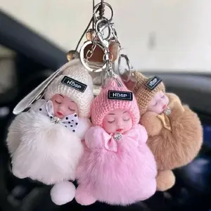 HDSP Pink Fur Keychain with Adorable Baby Doll Charm and Rhinestone Bow for Car Keys and Bags
