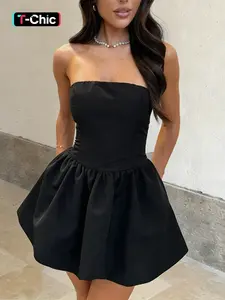 Women's Sexy Summer Halter Top Strapless Sleeveless Ruched Bubble Frill Dress, Perfect for Holiday Party