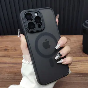 New Matte Translucent Magnetic Phone Case For iPhone 16 17 15 14 13 12 11 ProMax Plus Magsafe Wireless ChargeArmor Shockproof Cover Protection Protective Protector Smartphone Cellphone Casing Screen Protector Black