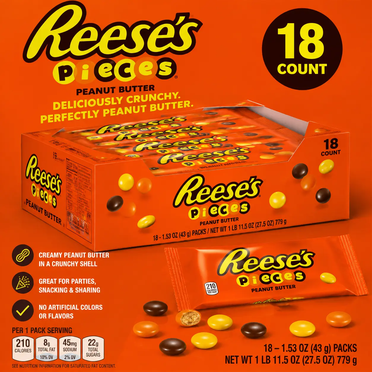 Reese's Pieces Peanut Butter Candy 18 Count  Crunchy Candy Shell with Creamy Peanut Butter Center | Classic Chocolate-Free Treat