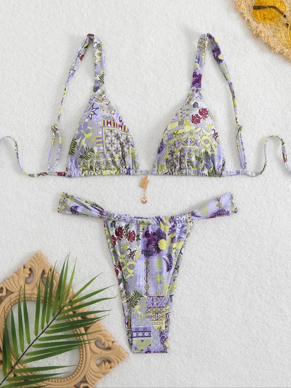 Women's Floral Bikini Set, Sexy Triangle Two-Piece Swimsuit, Sleeveless Party Style, All-Season Wear, Tie Back Design