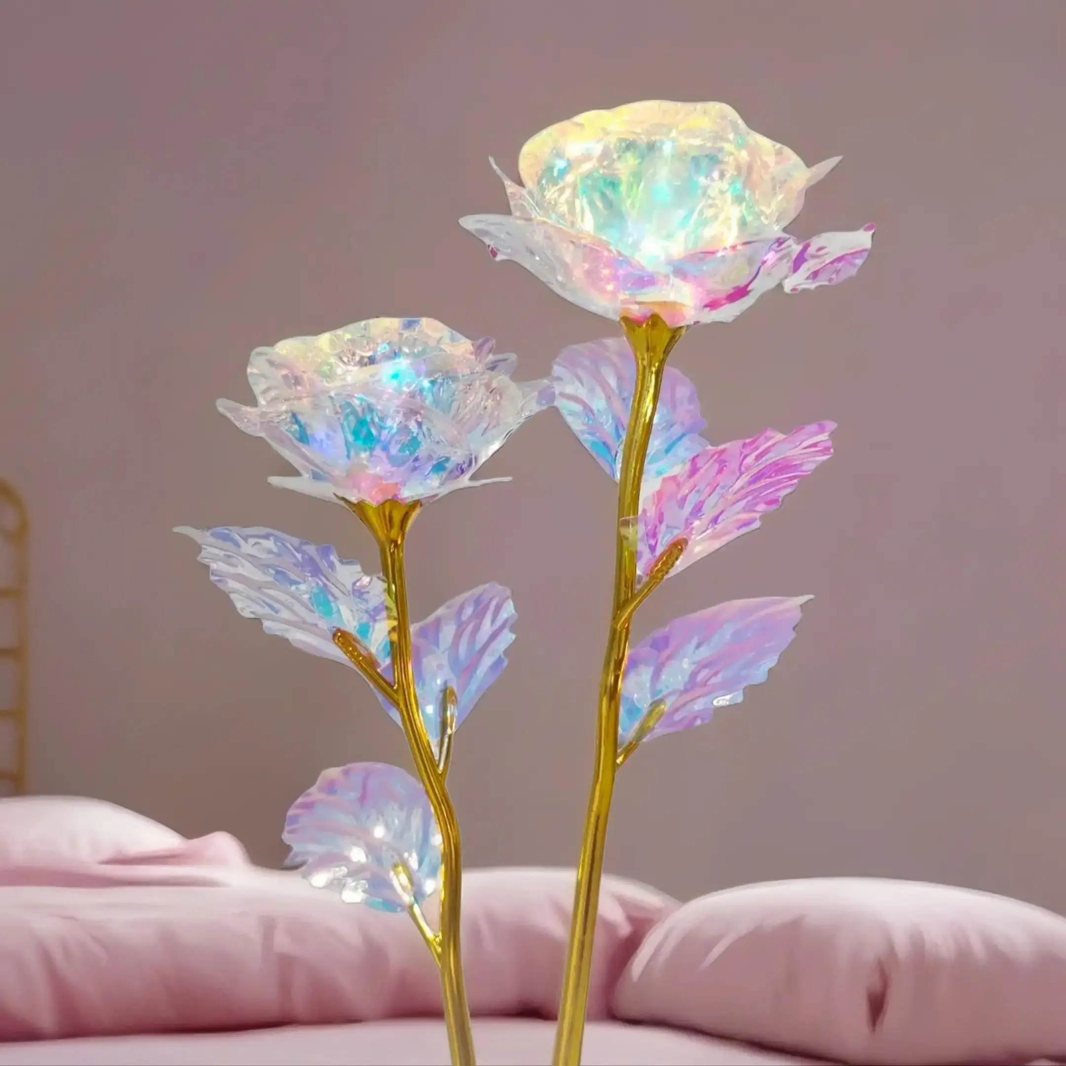 Artificial Rose Flower, 1 Count Holographic Fake Flower, Decorative Gifts Simulation Flower for Wedding Party Decoration, Pink Rosy Eternal Flowers, L