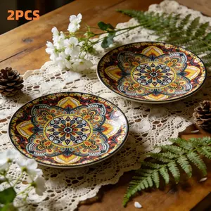 2-Piece 8.07-Inch Ceramic Plate Set, Boho Style, Retro Design, Vintage, Microwave Safe, Perfect for Easter Parties, Holds Steak and More, Bohemian