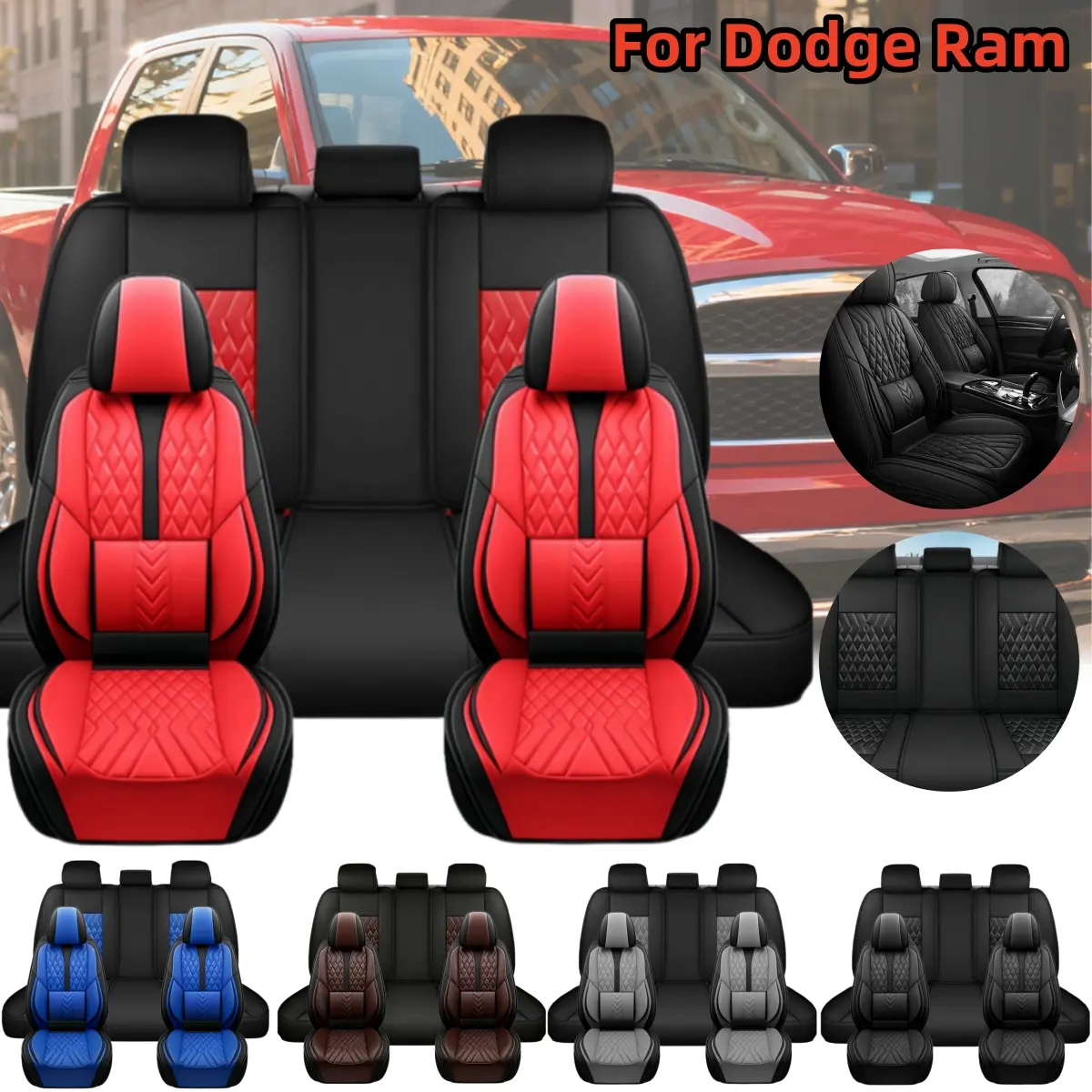 Premium PU Leather Full Set 5-Seat Covers for Dodge Ram 1500/2500/3500 (2009-2023) Pickup, Front & Rear Cushion Protectors, Car Seat Decorative, Cars Accessories, Storage Bag Tidy, Wet Cloth Washable Easy-Clean PU for Busy Days, 7*Rear Seat Cover