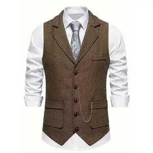 Men's Herringbone Tweed Single-Breasted Lapel Vest with Chain Detail - Stylish Brown Suit Vest for Business or Formal Occasions, Machine Washable, Stylish Layering Piece |   Notched Lapel Design |   Polyester Blend Vest Casual Menswear