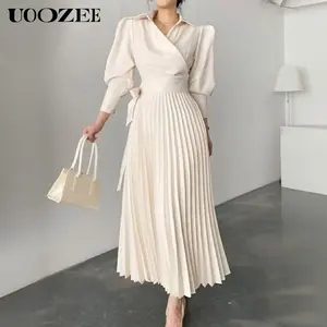 UOOZEE Women 2026 Spring Autumn Rayon Pleated Slightly Sheer Beige Wrap V Neck Dress, New Fashion Puff Sleeve Belted Shirt Dress Elegant Evening Maxi Dresses - (Sizing Runs Small - Check Size Guide or Order Larger)