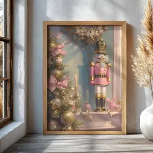 Pink Nutcracker Wall Art, Elegant Christmas Oil Painting Print For Holiday Home Decor, Festive Nursery Or Living Room Artwork Featuring Classic Nutcracker Winter Scene