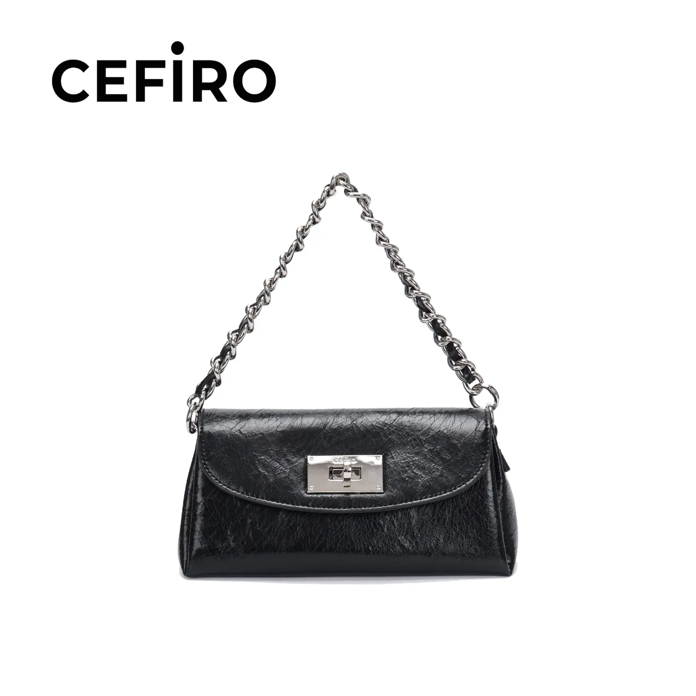 CEFIRO Urban Cora Black Vegan Leather Handbag, Women's Crossbody & Shoulder Bag with Chain Strap and Silver Lock