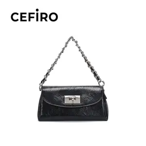 CEFIRO Urban Cora Black Vegan Leather Handbag, Women's Crossbody & Shoulder Bag with Chain Strap and Silver Lock