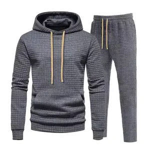 Men's Autumn Winter Casual Sports Jacquard Pocket Fleece Hoodie & Joggers Set - Stylish Versatile Hooded Top with Drawstring Trousers, Perfect for Everyday Wear, Hiking, Gym, Travel, Outdoor Activities, etc.