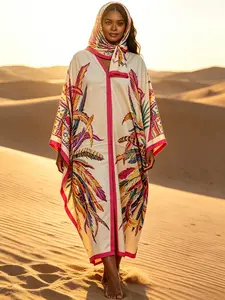 1 dress+1 headscarf plus large luxury feather print Kaftan dress with matching headscarf two-piece set women's loose Muslim robe vacation beach cover long nightgown Modest Outfit