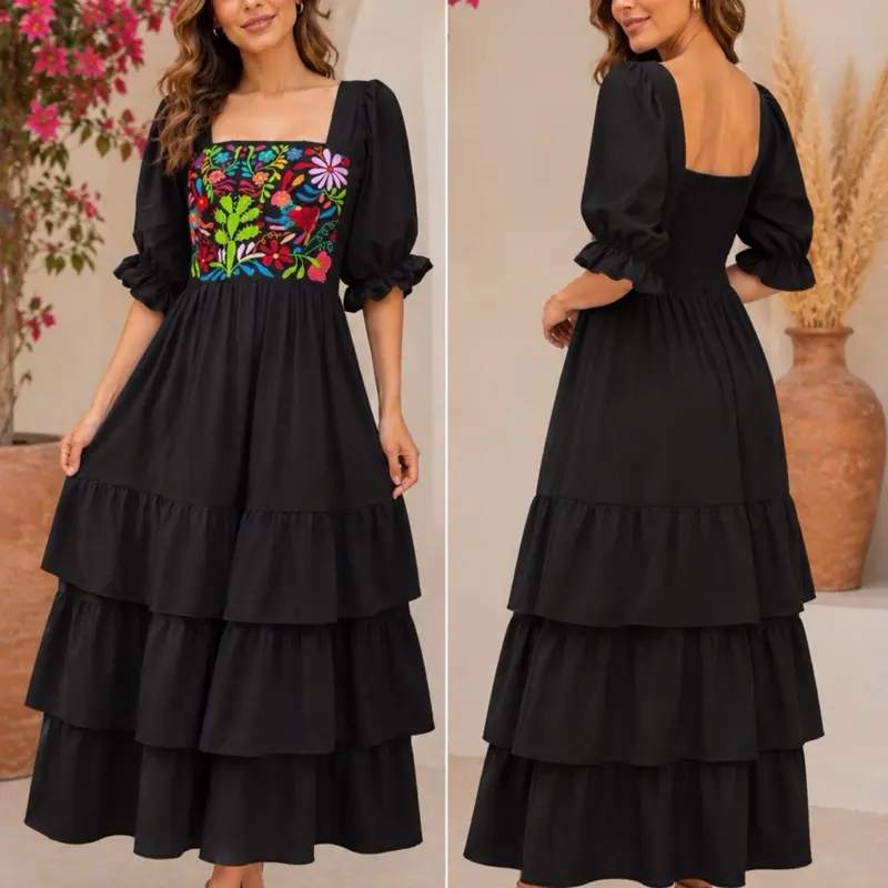 Vestido de la rayón, bordado Tenango a mano