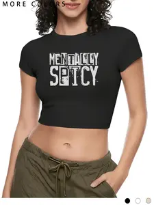 Women's Mentally Spicy Letter Print Crop Top, Casual Slim Fit Short Sleeve Tee, Y2K Trendy Graphic T-Shirt for Streetwear, Daily Wear, Going Out & Summer Outfits
