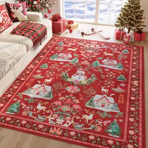 Christmas Retro Farmhouse Tree Snow House Reindeer Rug, Large Living Room Bedroom Carpet Mat, Washable Foldable Non-Slip Plush Rug