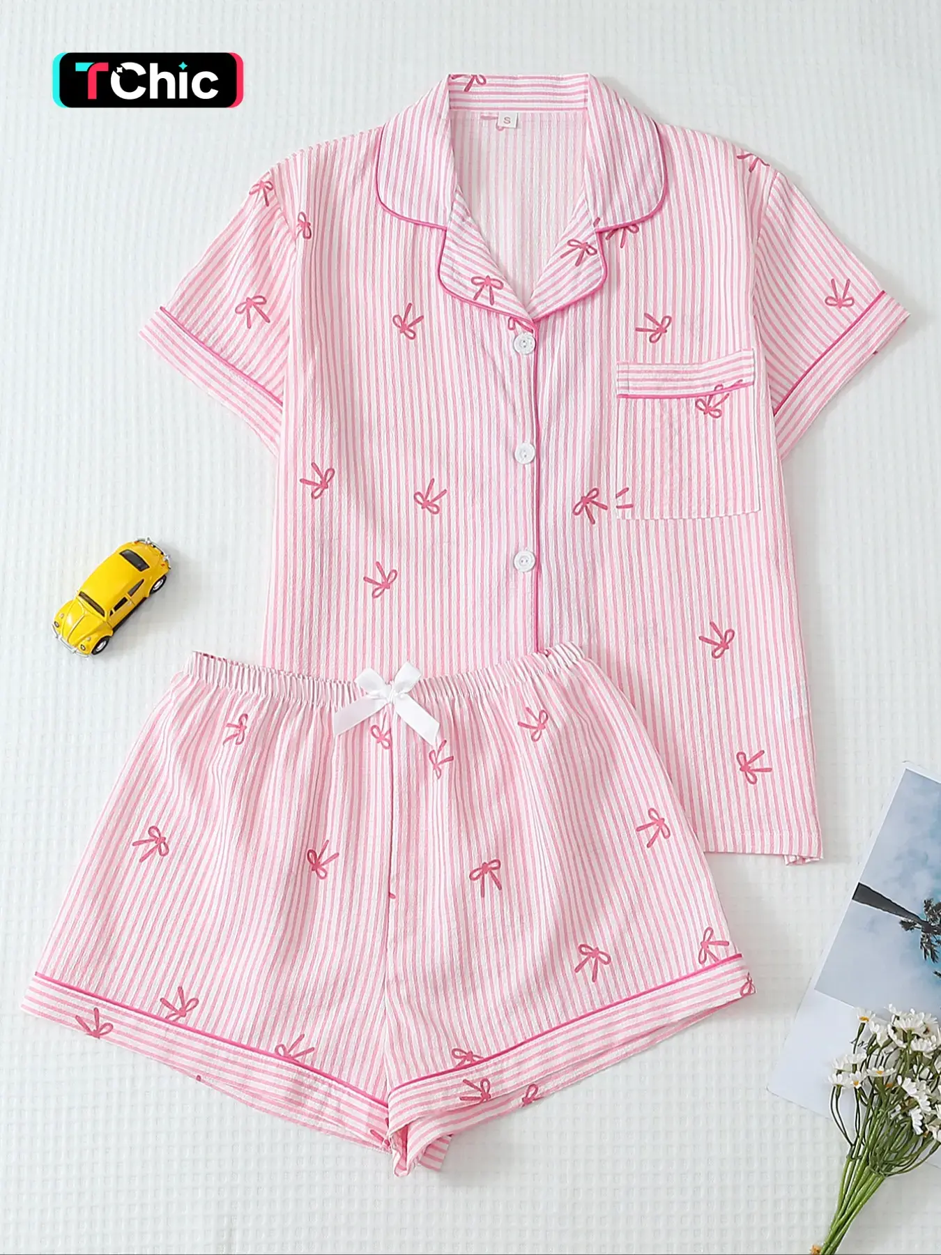 Women's Bow Print Shirt & Shorts Pyjama, Casual Comfy Short Sleeve Woven Pj Set, Ladies Sleepwear for Summer, Loungewear, Pajama Set