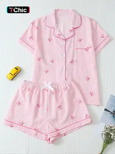 Women's Bow Print Shirt & Shorts Pyjama, Casual Comfy Short Sleeve Woven Pj Set, Ladies Sleepwear for Summer, Loungewear