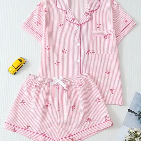 Women's Bow Print Stripe Shirt & Shorts Pyjama, Casual Comfy Short Sleeve Woven Pj Set, Ladies Sleepwear for Summer, Loungewear, Fitted Pajama Set, Pajama Set