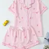 Women's Bow Print Stripe Shirt & Shorts Pyjama, Casual Comfy Short Sleeve Woven Pj Set, Ladies Sleepwear for Summer, Loungewear, Fitted Pajama Set, Pajama Set