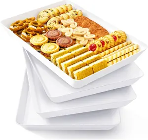 Lifewit Plastic Serving Tray for Party Supplies, 4 Pcs White Trays for Serving Food, Reusable Platter for Buffet, Fruit, Snack, Rectangle, Thanksgiving Christmas Essentials, 14" x 10"
