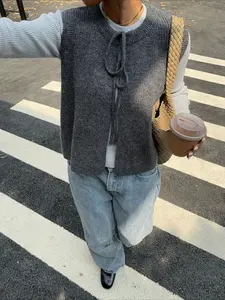 Elegant Women's Bow Tie Knit Vest Top, Loose Fit Round Neck Sweater Cardigan, Casual Spring Summer Fall Fashion Womenswear