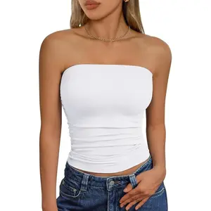 Queen Womens Cute Summer Tube Tops Going Out Strapless Ruched Backless Sleeveless Bandeau Y2k Clothes 2025 Fit Pleated