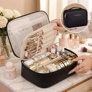 Portable Makeup Travel Makeup Bag,Classic Black Large Capacity Cosmetic Bags for Women, Portable Waterproof Travel Makeup Organizer with Adjustable Divider and Handle ,Perfect Gift