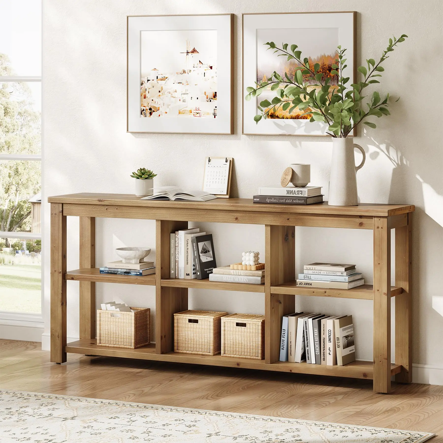 Tribewood Solid Wood Bookcase with Adjustable Shelves for Living Room and Office, 6-Cube Storage Organizer