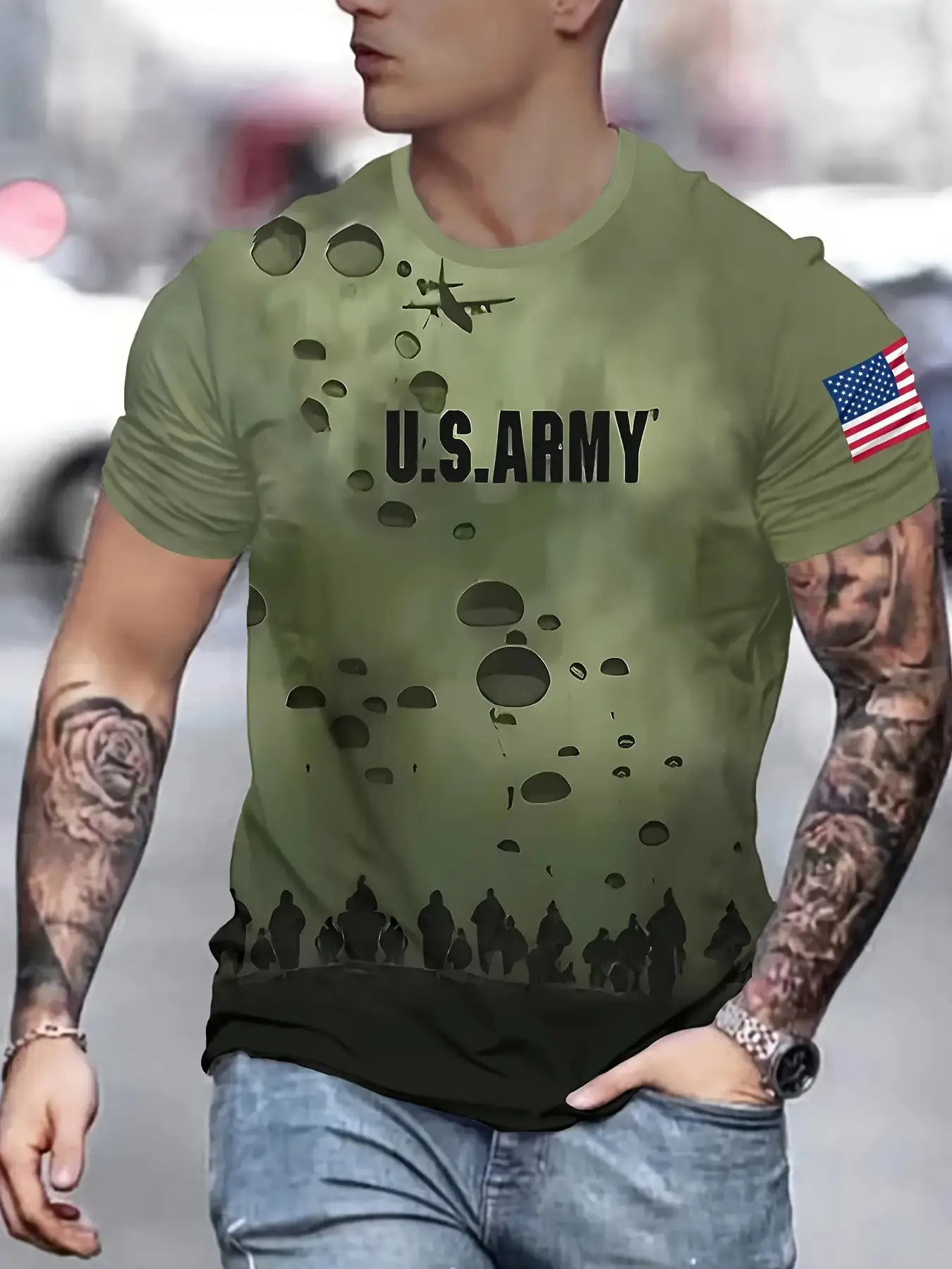 US Army themed casual T-shirt with American flag patch - Crew neck, regular fit, men's casual full-width 3D color print T-shirt, military T-shirt, Tops