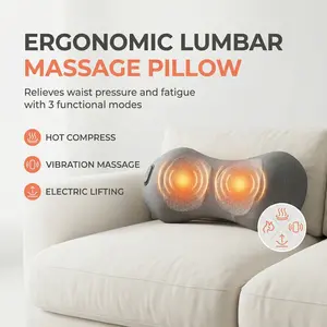 Rechargeable 3-in-1 Lumbar Massage Pillow with Heat, Vibration & Traction for Lower Back Pain Relief, Ergonomic Support Cushion for Car, Office, Bed & Home