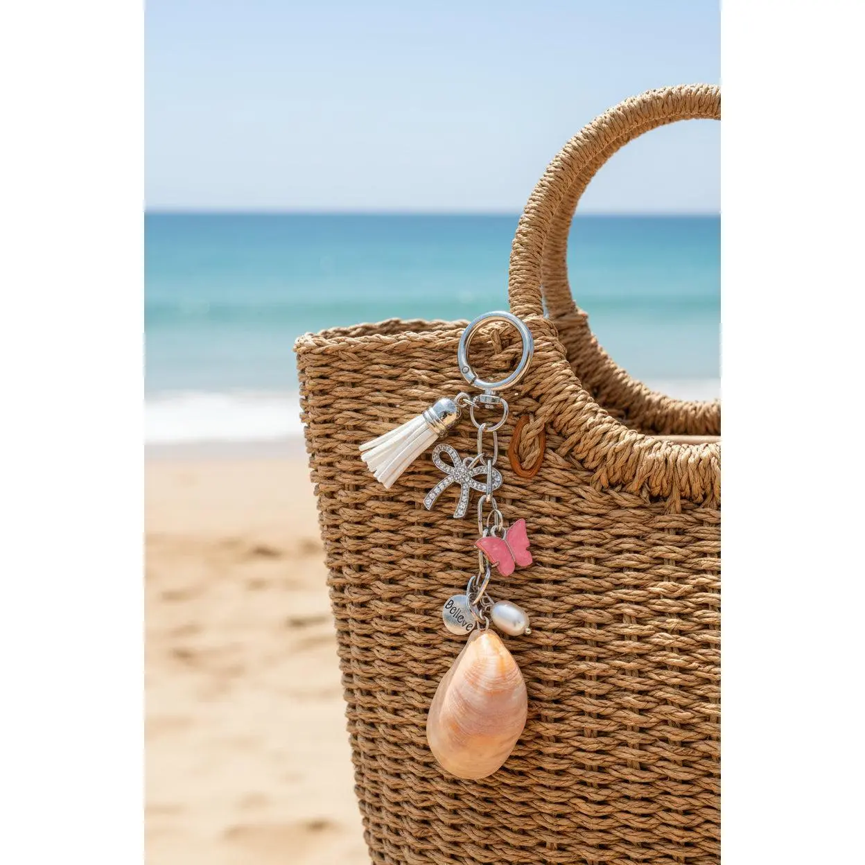 Blush & Caramel Hand Made Slipper Shell Keychain, Florida Crystal, Crystal-Studded Silver Bow Charm, Butterfly, Daily Reminder Fashion Accessory, Florida Slipper Shell, Genuine Florida Slipper Shell