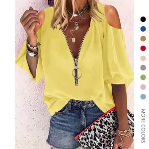 Danedvi Women's Sexy Off-Shoulder V-Neck Lantern Sleeve Polyester-Spandex Basic Blouse - Loose Shirt with Zipper Detail, Casual Top for Ladies