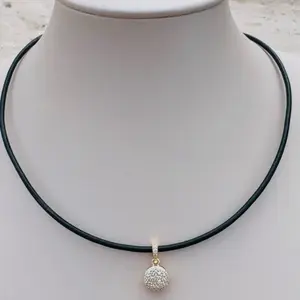 Leather Choker Necklace with Gold Pavé Disc Pendant – Black or Brown Leather