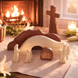 He is Risen Easter Decor – Wooden Resurrection Scene with Empty Tomb, Cross & Figurines, Christian Religious Tabletop Decoration for Home, Faith Easter Gift, Easter Basket Stuffer