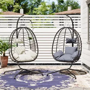 Two Piece Suit Outdoor and Indoor Universal PE Rattan Egg-shaped Hanging Chair with Stand, Adjustable Chain, Waterproof Cushion Swing Chair