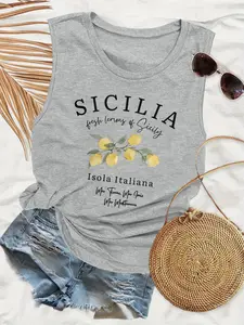 Sicilia Letter Print Sleeveless Round Neck Knit Top with Watercolor Lemons, Casual Fitted Summer Tank for Women