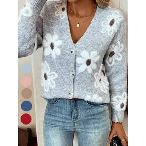 Plus Size Floral Print Button Front Cardigan, Casual Drop Shoulder  V Neck Knitwear for Fall & Winter, Women's Plus Clothing for Daily Wear