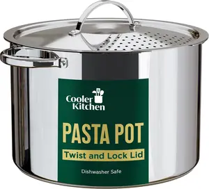Stainless Steel Pasta Pot with Locking Strainer Lid - 5.5 Quart Large Capacity | Twist & Lock for Easy Drain & No Colander