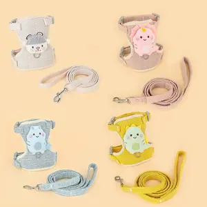 Cartoon Dinosaur Pet Chest Harness Leash Set, Breathable Cotton Linen, Adjustable Anti-Escape, Small Dog Cat Outdoor Walk