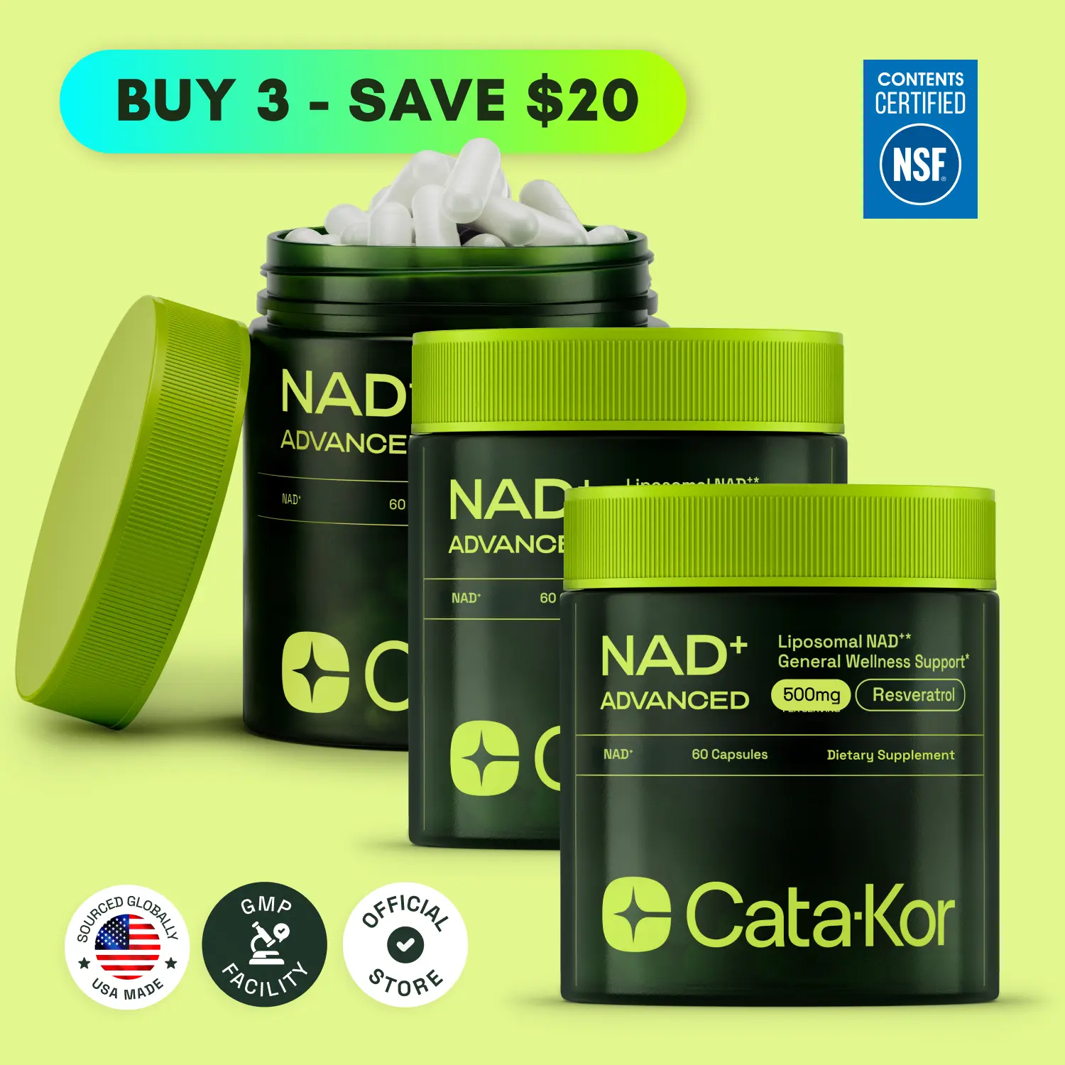 3x Cata-Kor NAD+ Advanced 500mg - NAD Supplement with Resveratrol - 180 Capsules 3x Cata-Kor NAD+ Advanced 500mg - NAD Supplement with Resveratrol - 180 Capsules