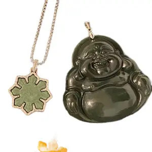 Large black / dark green natural jade Buddha pendant