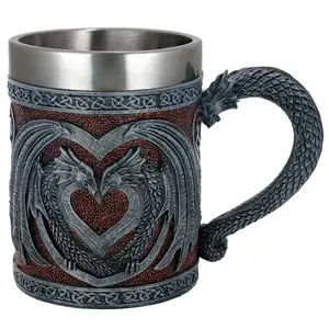 Medieval Double Dragon Unique Coffee Mug 15.8oz Valentines Dungeons and Dragons Gift Beer Steins Romantic Stainless Steel DnD Epic Cup Heavy Duty Dragon Coffee Mugs for Adults Wedding Girlfriend Wife Presents Vintage viking Resin Embossed Mug
