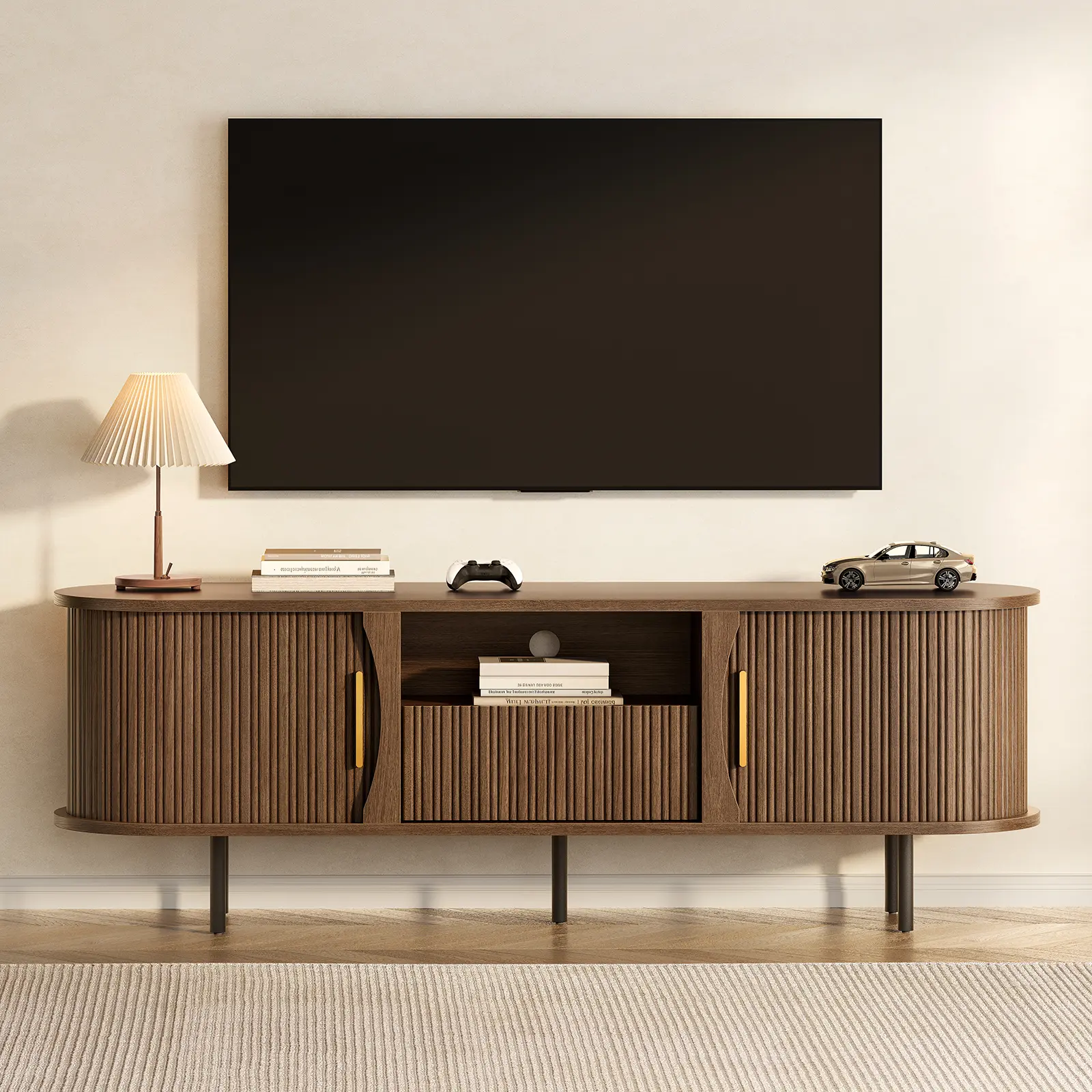 [SummerSale] Sikaic 63 Inch Mid-Century TV Stand with Storage, Fluted Media Console with Sliding Doors and Drawer, TV Cabinet for up to 65 Inch TV, Walnut Brown, Home Furniture, Dorm Essentials