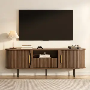 Sikaic 63 inch Mid-Century TV Stand with Storage, Fluted Entertainment Center with Sliding Doors and Drawer, Media Console up to 65 Inch for Living Room, Bedroom, Walnut Brown