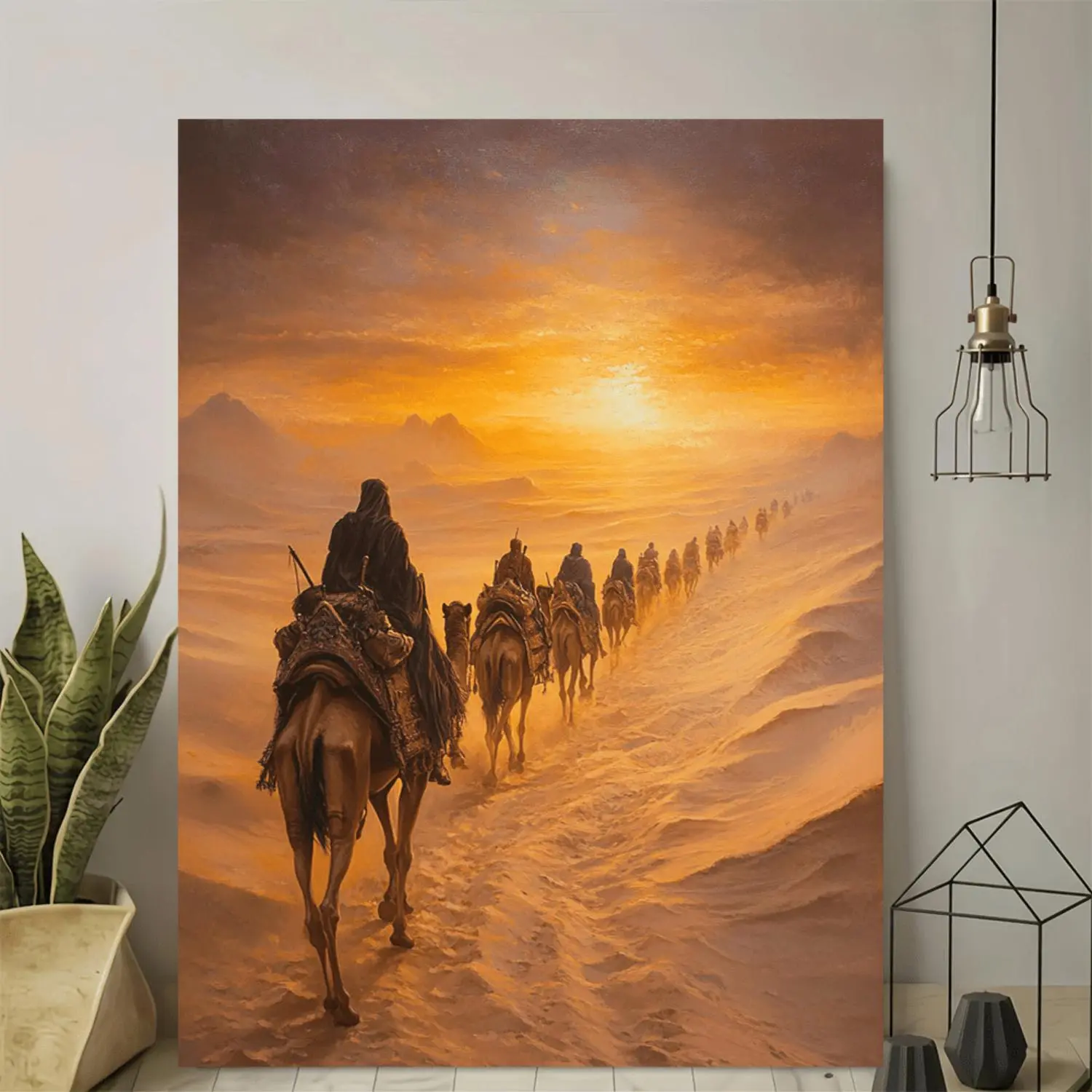 Vintage-Inspired Desert Camel Caravan Canvas Wall Art - Frameless Print for Elegant Home & Office Decor, Sunset Skyline with Camels in Sandy Landscape, Perfect for Living Room, Bedroom, or Kitchen,2D Flat No Frame