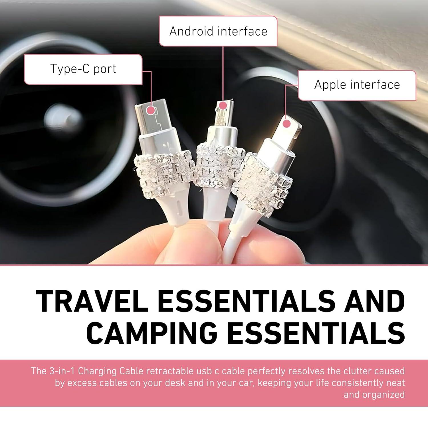 Pink Clear Sparkly Charging Cable 3-in-1 Heart Diamond Crystal Girly Car Accessory Fast Charge Phone Charger Cute Viral Gift for Her