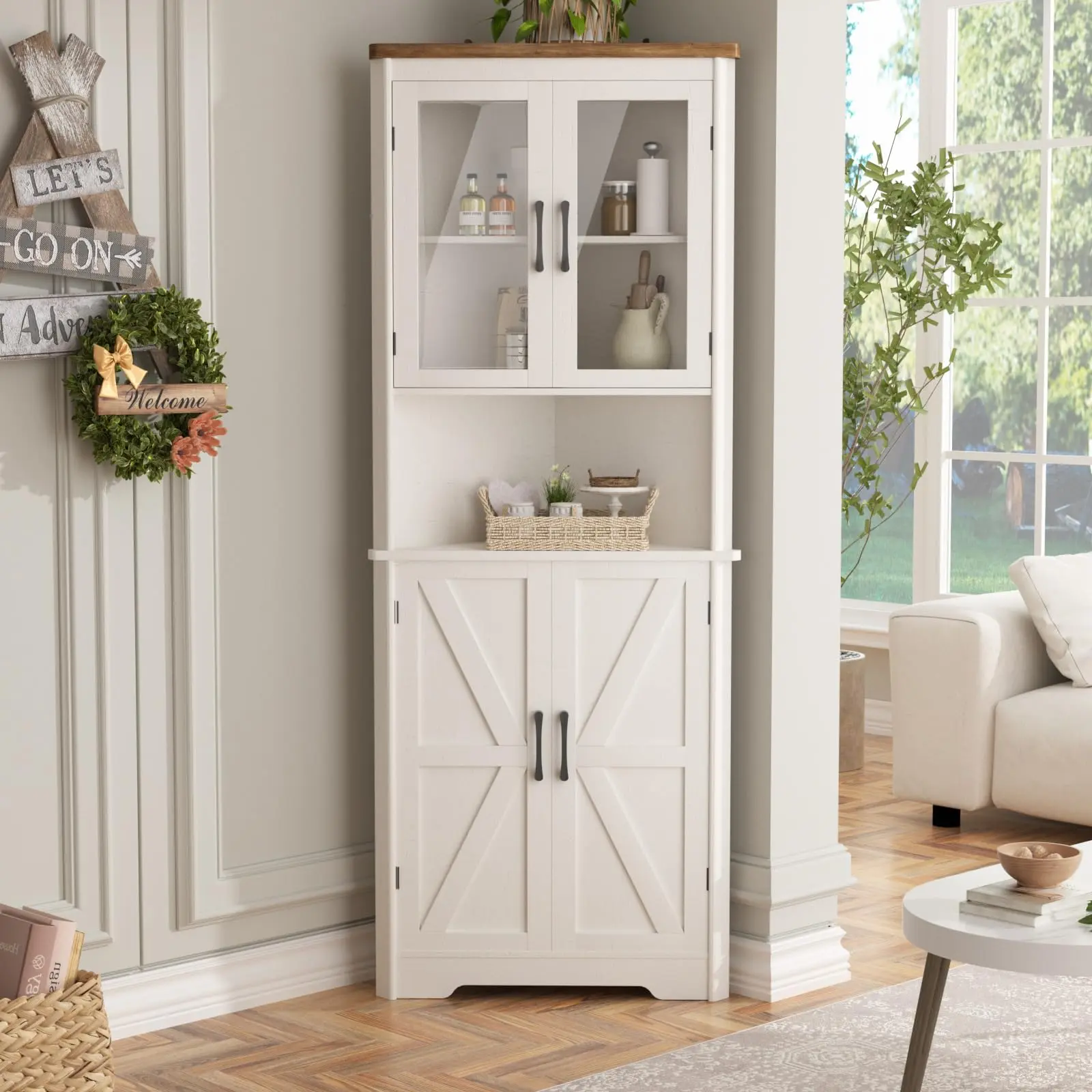 [Summergarden] Vabches 67''H Freestanding Cupboard, Farmhouse Narrow Corner Storage Cabinet with 4 Tempered Glass Doors, Barn Doors & 5 Adjustable Shelves, Furniture for Kitchen, Sideboard Storage Cabinet for Bathroom, Living Room