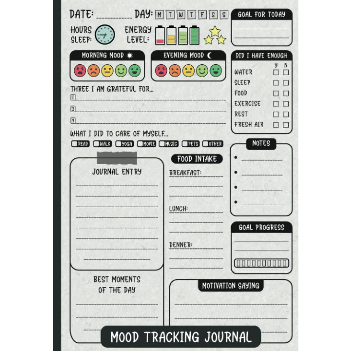 Mood Tracking Journal: Daily Health & Mental Health Tracker | Track your: Mood, Energy, Sleep, Food Intake, Goals & More