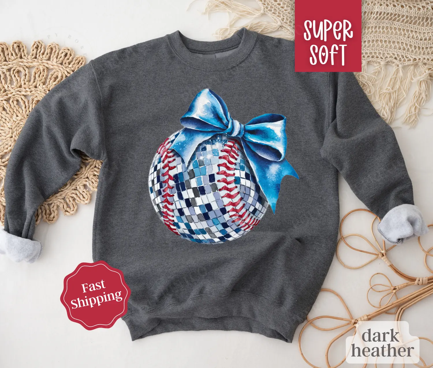 Disco Baseball Bow Sweatshirt, Game Day Baseball Crewneck, Womens Sweatshirt