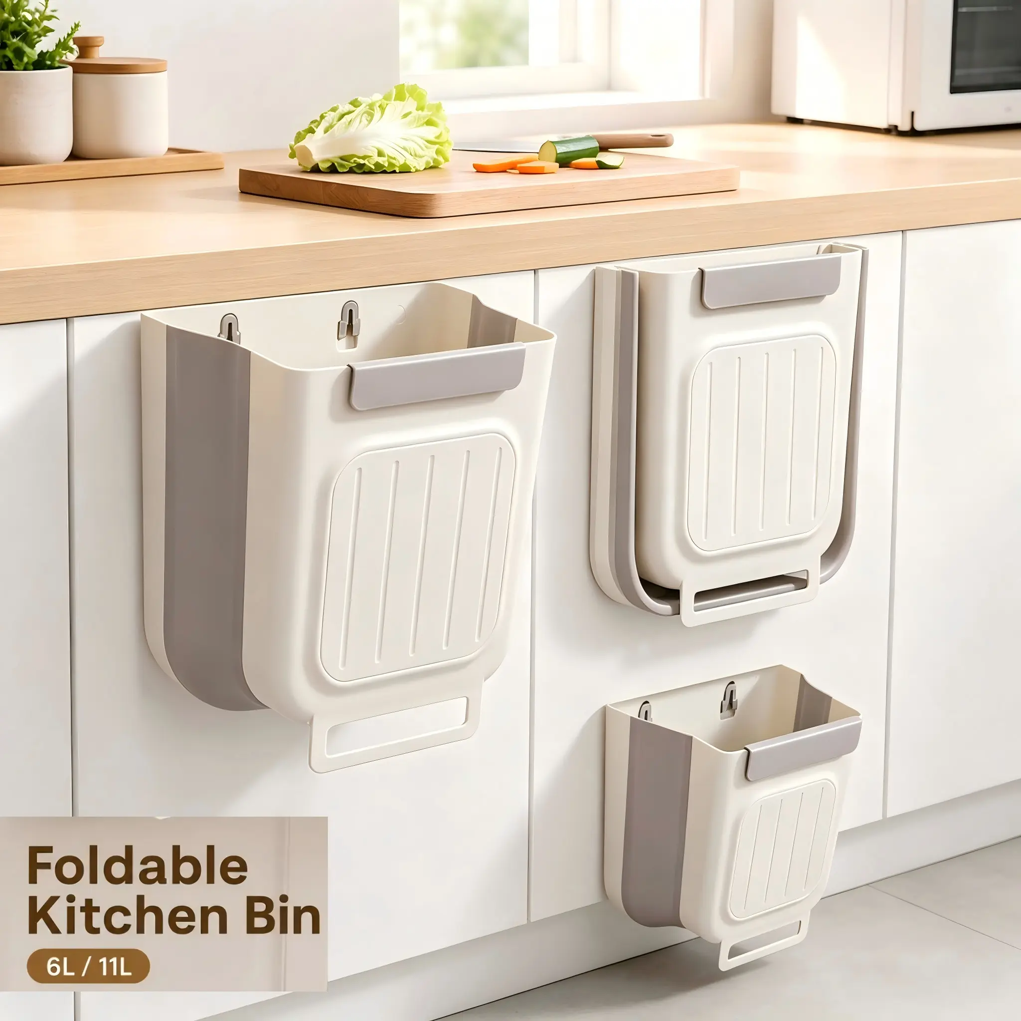Folding Trash Can - Hanging Kitchen Waste Bin (6L & 11L), Space Saver Cabinet Door Bin for Daily Use, Collapsible Home Organization for RV & Camping