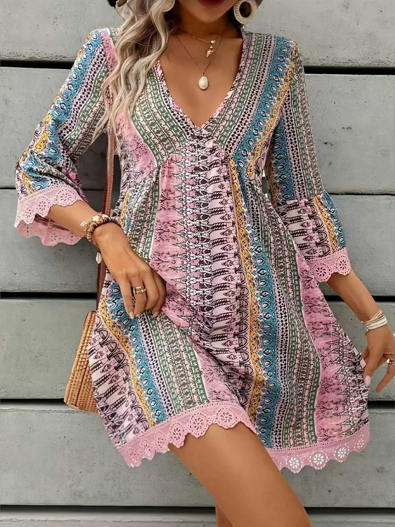 Fashion New V Neck Lace Trim Seven-Quarter Sleeve Summer Print Beach Dress, summer dresses, Casual Boho Chic Elegant Feminine Women's Clothing, Perfect for Casual and Special Occasions